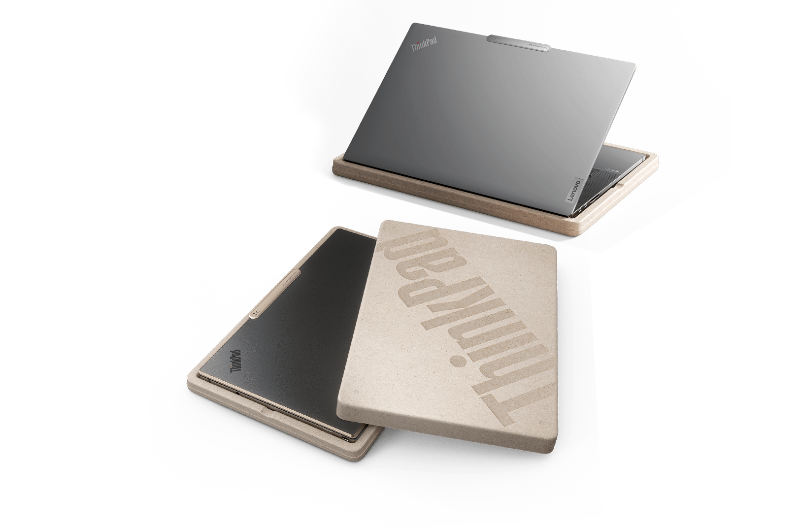 Made from recycled aluminum & PET vegan leather, the Lenovo ThinkPad Z13 and Z16 laptops in shown in 100% rapid-renewable and compostable packaging.