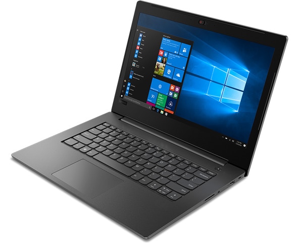 Lenovo V130 (14) laptop with Windows 10 Pro, angled slightly right to show ports and open 90 degrees.