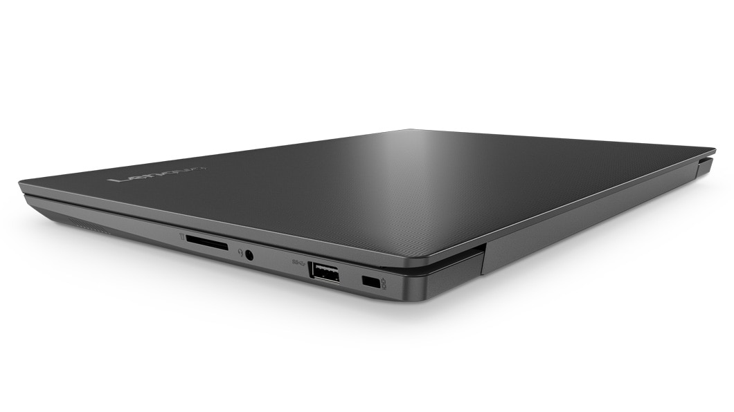 Lenovo V130 (14) laptop closed, angled right to show ports and slots.