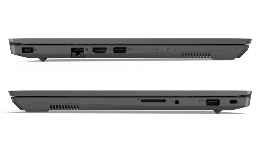 Two Lenovo V130 (14) laptops, closed cover, showing both right and left side ports and slots.