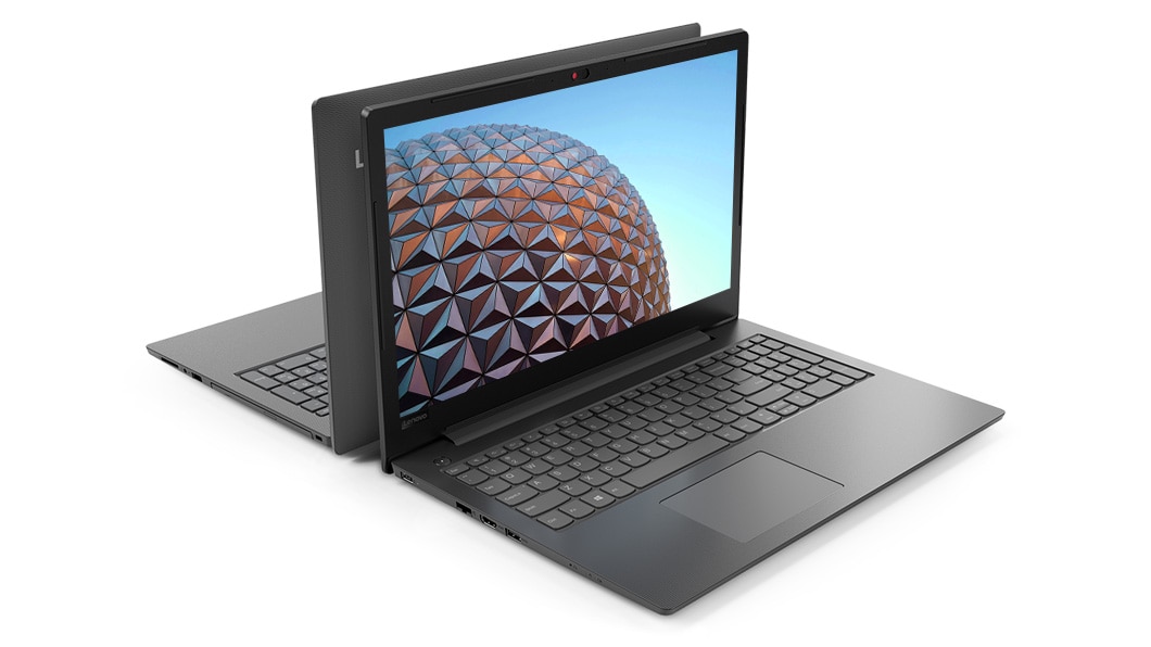 Two Lenovo V130 (15) laptops open 90 degrees, back-to-back, showing keyboard and display, along with side ports.