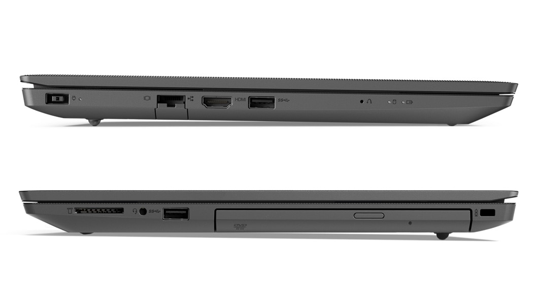 Two Lenovo V130 (15) laptops, closed cover, showing left and right side ports and slots.