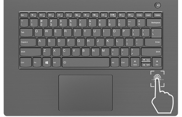 Lenovo V330 (14) overhead keyboard view, featuring fingerprint reader
