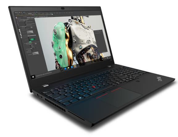 Lenovo ThinkPad P15v laptop open 90 degrees angled slightly to showing right side ports 