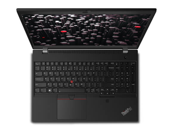 Overhead view of Lenovo ThinkPad P15v laptop open 120 degrees showing keyboard and display 