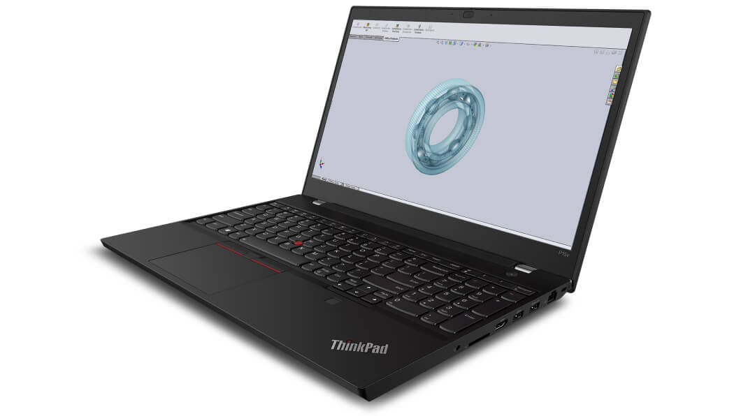 Lenovo ThinkPad P15v bærbar PC med porter på venstre side, åpnet 90 grader 