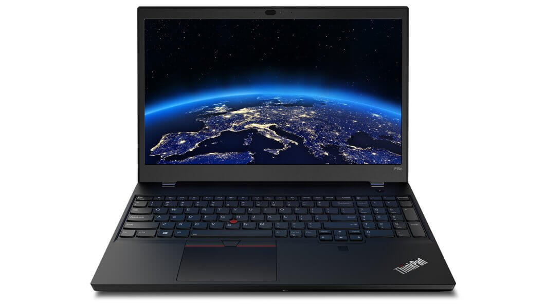 Vue avant du portable Lenovo ThinkPad P15v ouvert à 90 degrés, montrant le clavier et l’écran.  