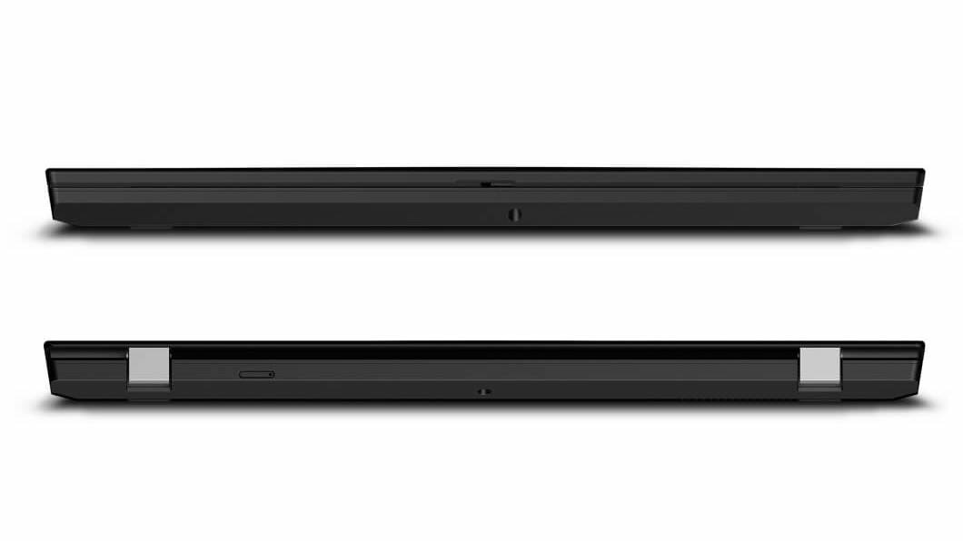 Twee gesloten Lenovo ThinkPad P15v-laptops met de voor- en achterkant van de computers