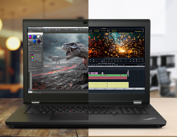 Headshot of Lenovo ThinkPad P17 mobile workstation  showing side-by-side apps with true color accuracy.