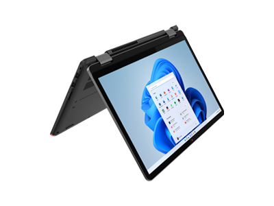 Lenovo 13w Yoga 2-in-1 laptop in tent mode showing display on the right.