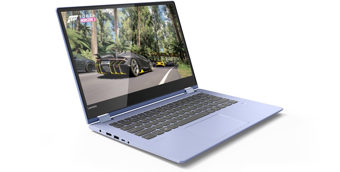 Lenovo Yoga 530 stylish 2-in-1 laptop, shown in Laptop mode from 3/4 front, playing Forza game