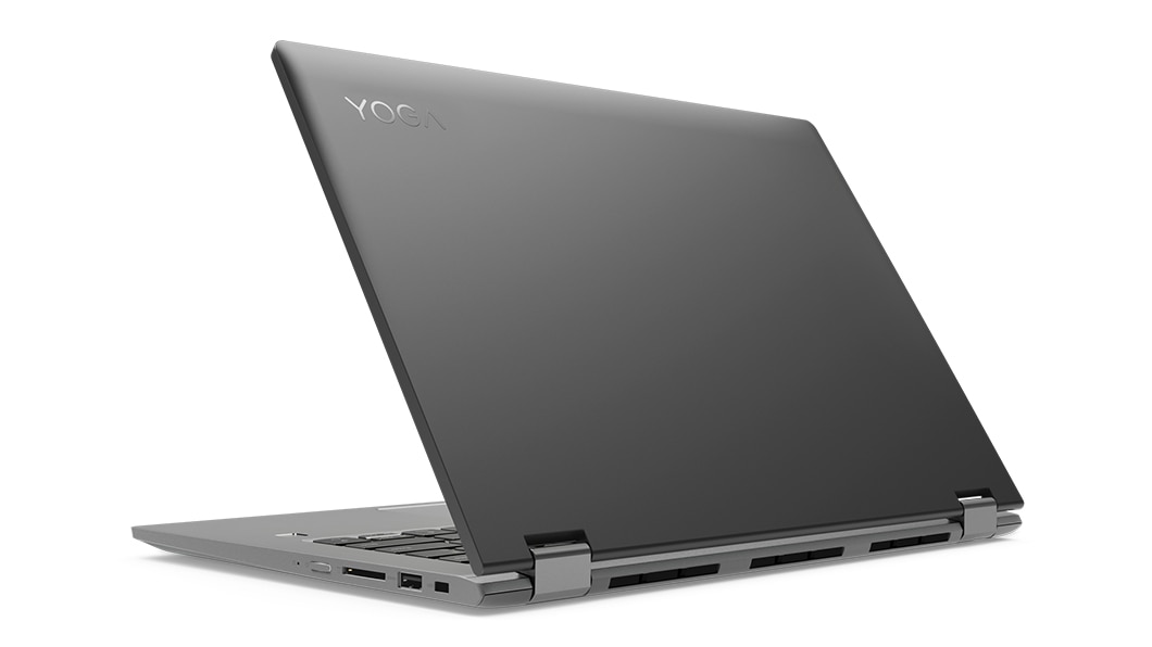 Lenovo Yoga 530 stylish 2-in-1 laptop, shown in black in Laptop mode, partially closed, from 3/4 rear