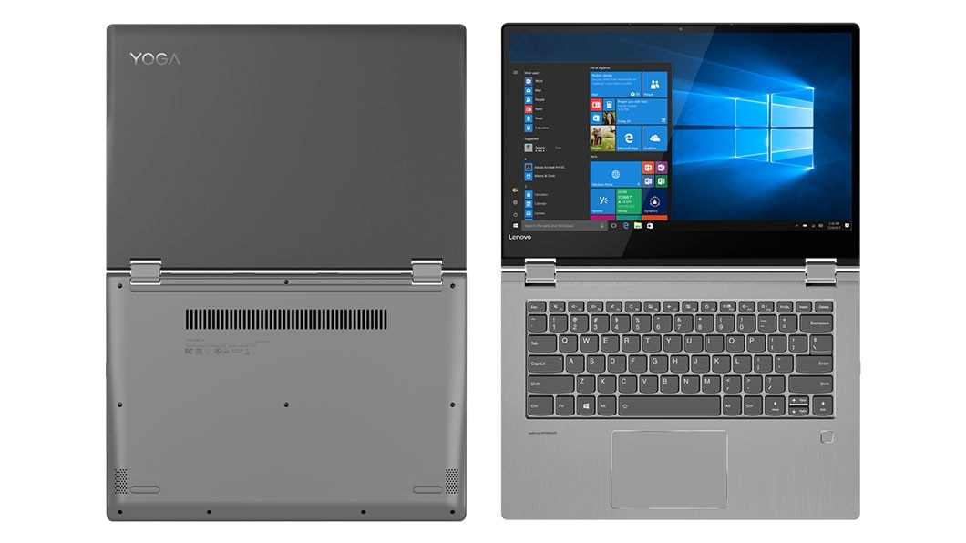 Lenovo Yoga 530 stylish 2-in-1 laptop, shown open 180 degrees, from top/front and bottom/rear