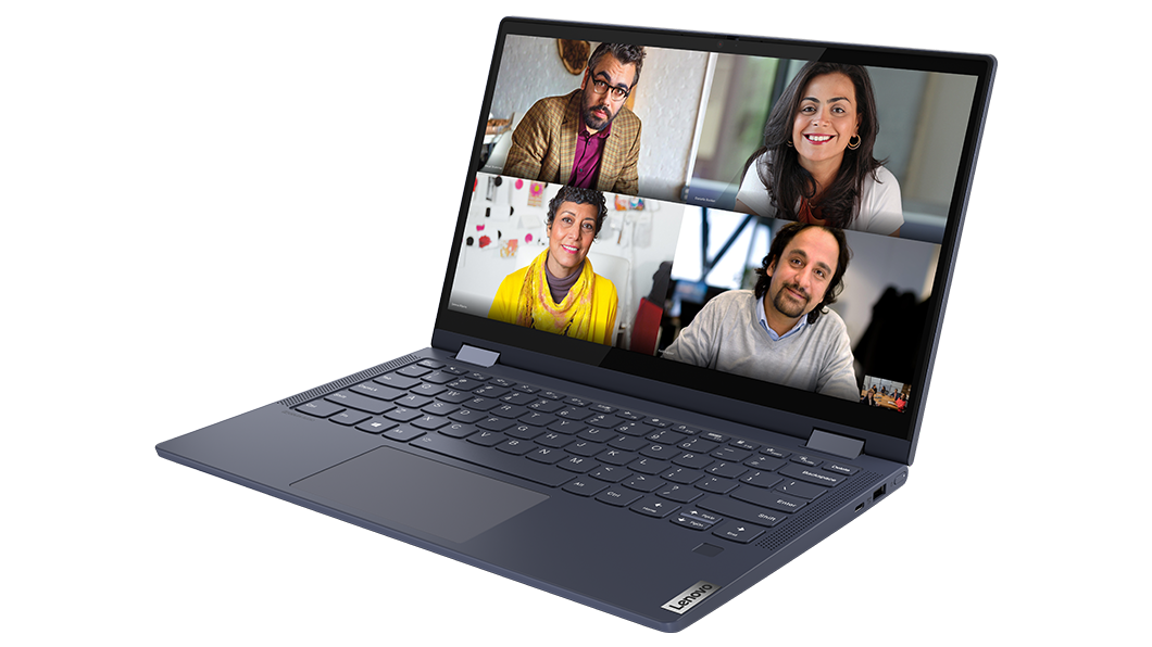 Yoga 6 Gen 6 (13″ AMD) Abyss Blue front facing left with video conference call on screen