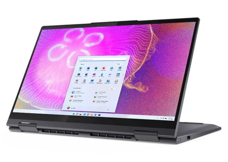 Yoga Duet 7i Gen 6 (13″ Intel) Slate Grey, facing left, right side view, Bluetooth® keyboard attached, and folio stand out