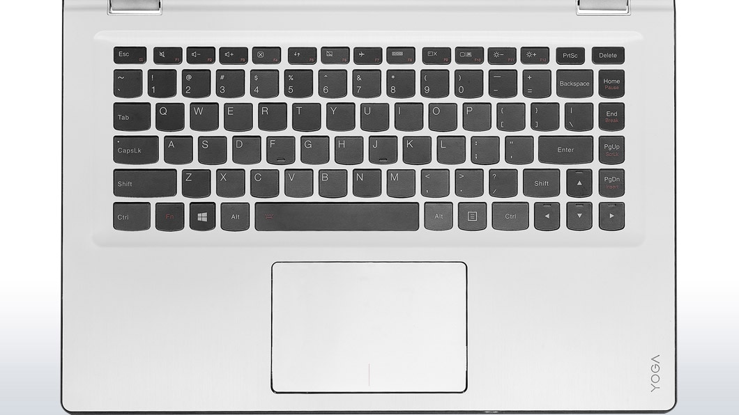 Lenovo Yoga 700 in silver, overhead view of keyboard