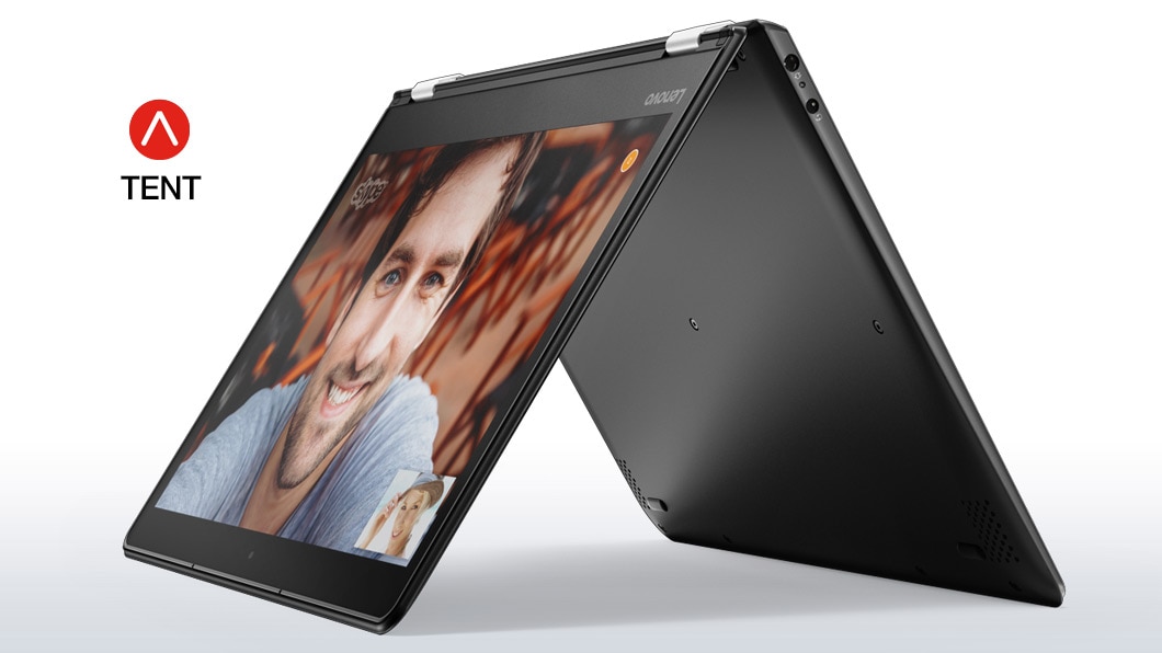 Lenovo Yoga 710 in black, in tent mode front right side view