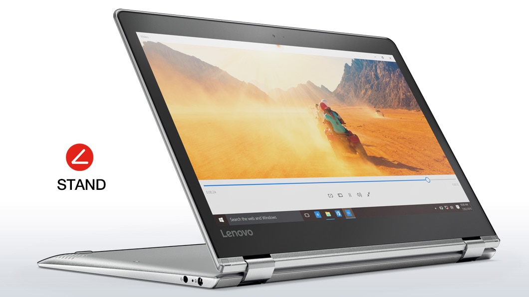 Lenovo Yoga 710 in silver, in stand mode front left side view