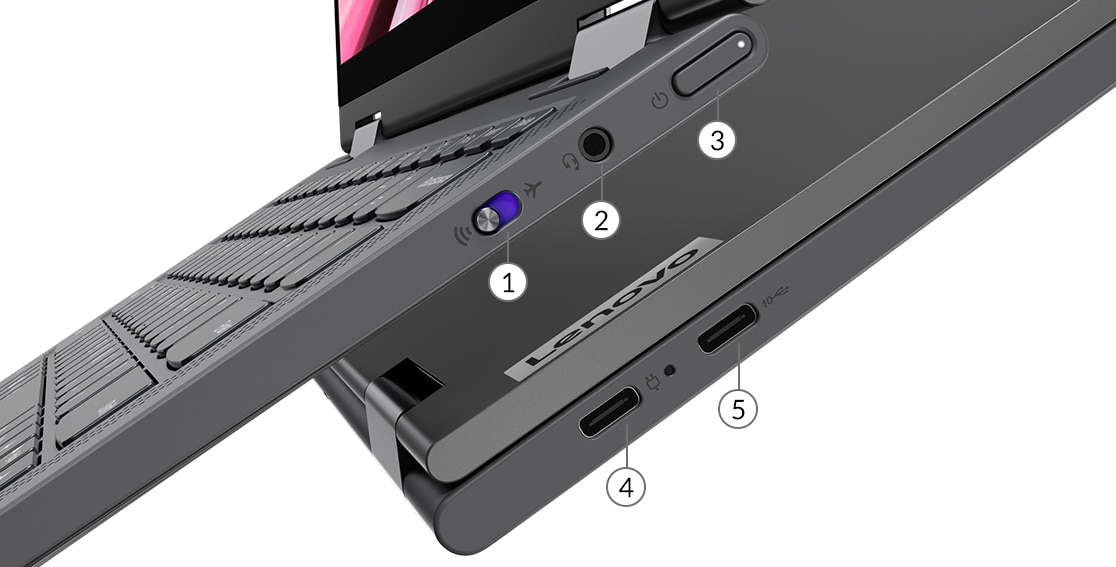 Lenovo Yoga 5G laptop comes with 5 ports and slots - Connectivity switch, Headphone/mic combo, Power button, USB-C power supply and Full function USB-C. 