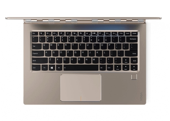 Lenovo Yoga 910 in gold, overhead view of keyboard
