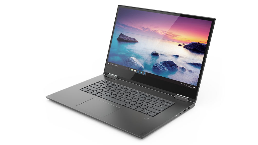 Right side view of Lenovo Yoga C730 (15, AMOLED) in laptop mode showing display 
