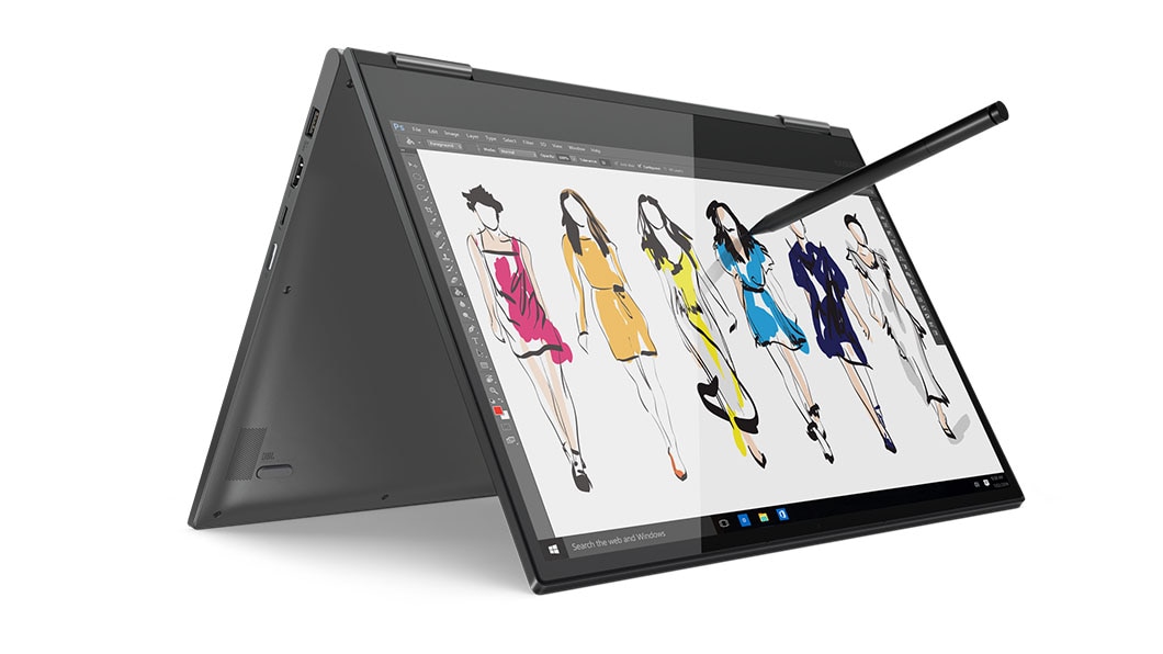Lenovo Yoga C730 (15, AMOLED) in tent mode with Lenovo Active Pen 2 in action 