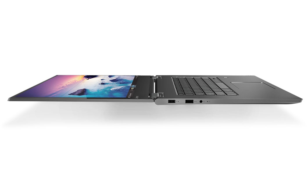 Side view of Front view of Lenovo Yoga C730 (15, AMOLED) open 180 degrees