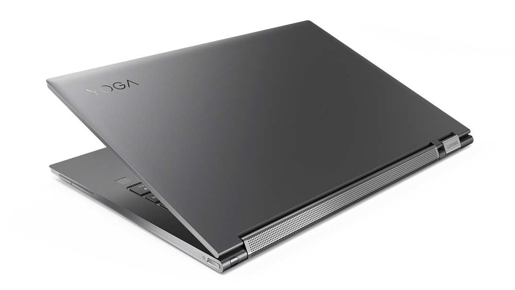 Lenovo Yoga C930 partially open, back right side view.