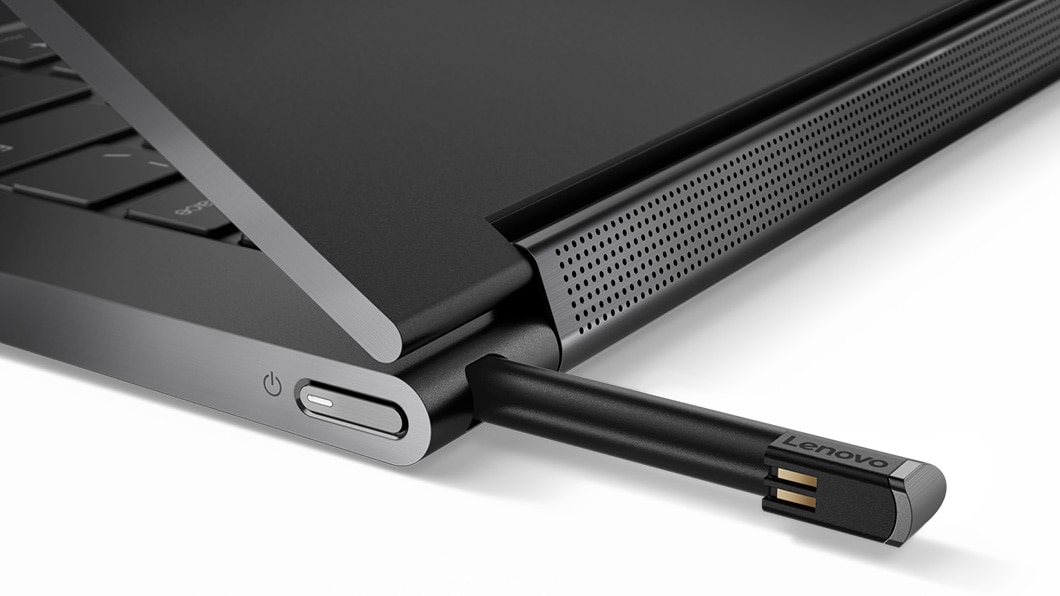 Lenovo Yoga C930, detail view of digital pen and pen storage in chassis.