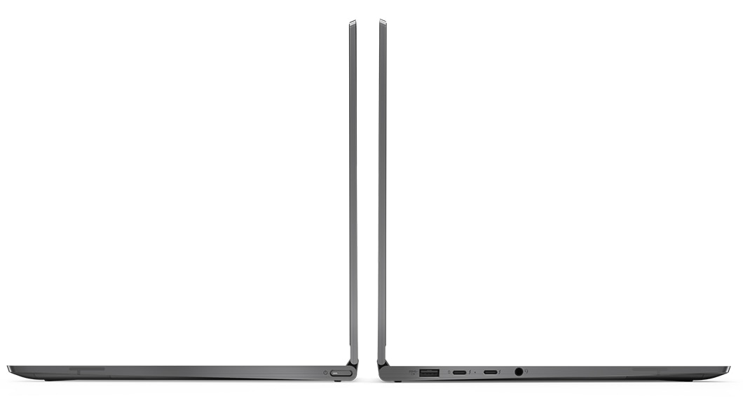 Lenovo Yoga C930 Glass, open 90 degrees, left and right side view showing ports.