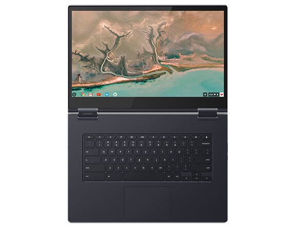 Top view of Lenovo Yoga Chromebook C630 open 180 degrees showing display and keyboard