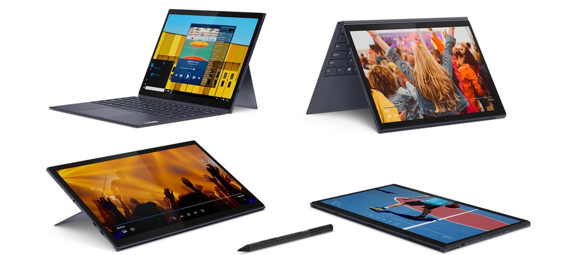 Four Yoga Duet 7i devices in laptop, stand, tent, and tablet mode, plus a Lenovo E-Color Pen