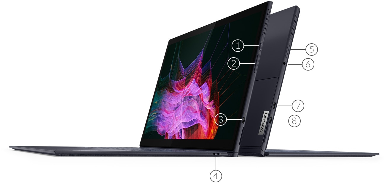 Two Yoga Duet 7i Gen 6 (13″ Intel) Slate Grey laptops, the left facing left, right side view, the right facing right, left side view, showing ports and slots.