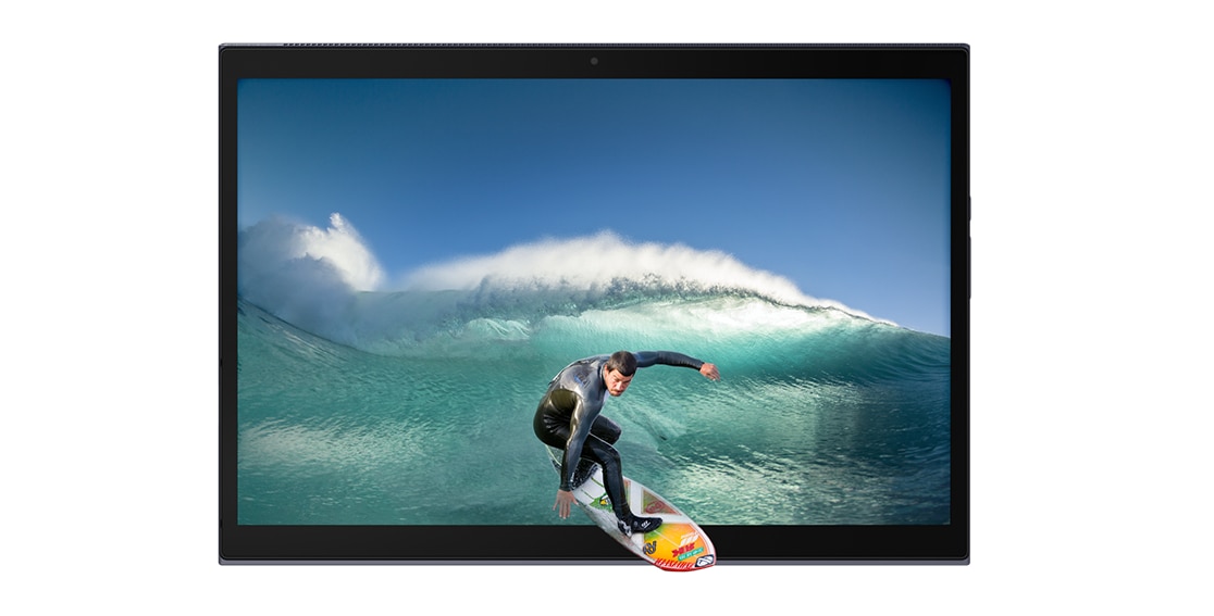 Yoga Duet 7i Gen 6 (13″ Intel) Slate Grey, screen on with man surfing