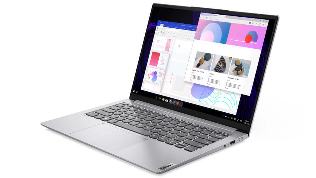 Vista de tres cuartos del lateral derecho de la laptop Yoga Slim 7i Pro de Lenovo en color plateado.