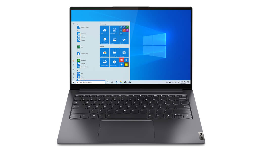 Lenovo Yoga Slim 7i Pro 14 slate grey laptop front view with keyboard and display showing