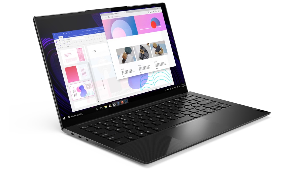 Rechterzijaanzicht van de Lenovo Yoga Slim 9i in laptopmodus