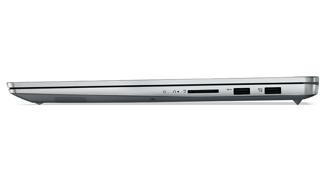 Close up of right-side ports on closed-cover Lenovo IdeaPad 5i Pro Gen 7 laptop in Cloud Grey. 