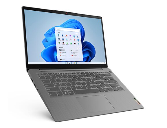 Front view of Lenovo IdeaPad 3 Gen 7 14” AMD open 135 degrees, tilted forward off its base and angled slightly to the right showing display screen and keyboard.