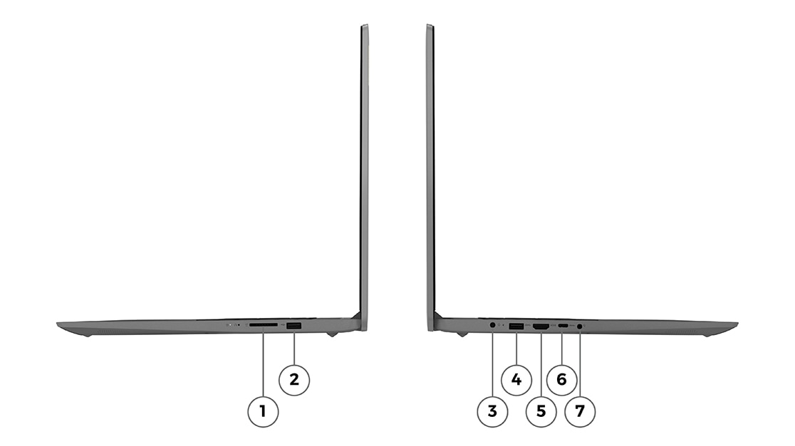 Два вида (слева и справа) ноутбуков IdeaPad 3 (7th Gen, 17, AMD), дисплей открыт на 90 градусов, с указанием портов и разъемов.