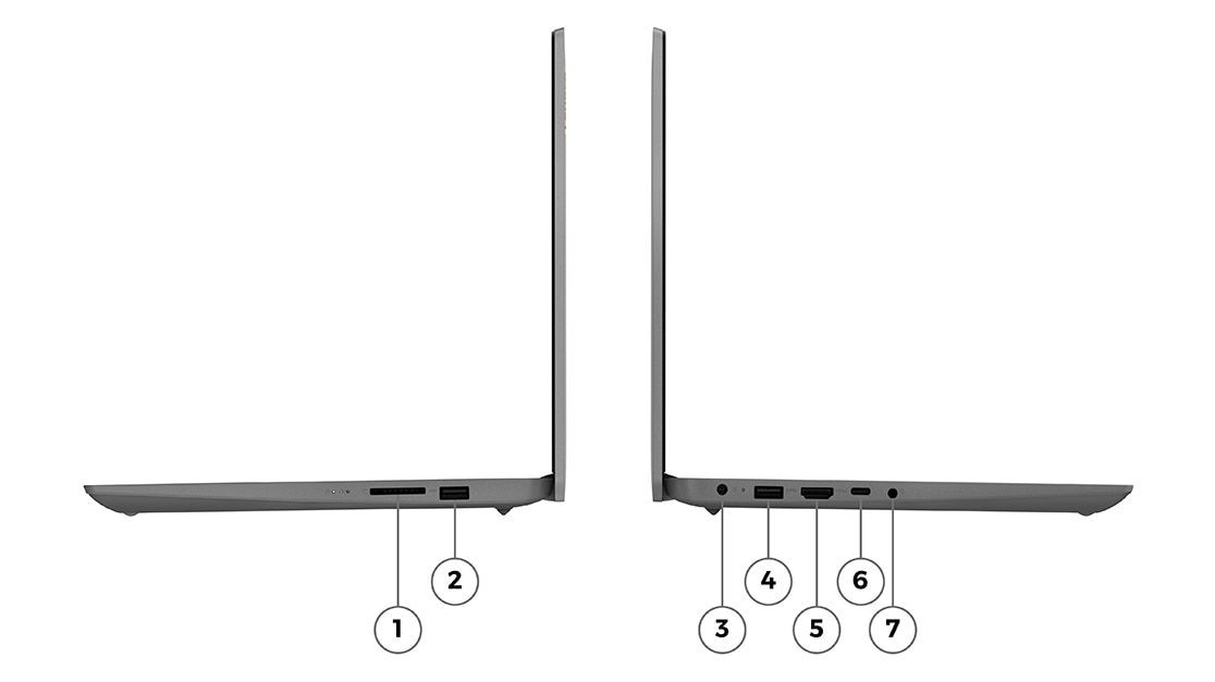 Two side profiles of the left and right of Lenovo IdeaPad 3 Gen 7 14” AMD open 90 degrees, showing the right side ports and left side ports.