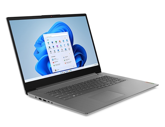 Front facing view of Lenovo IdeaPad 3 Gen 7 17” AMD open 90 degrees, angled to the right and showing left side ports.