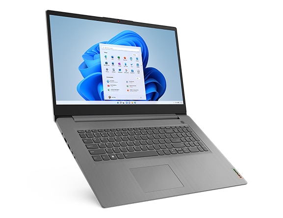 Front view of Lenovo IdeaPad 3 Gen 7 17” AMD open 135 degrees, angled to the right and tilted forward of its base showing display screen, keyboard and left side ports.