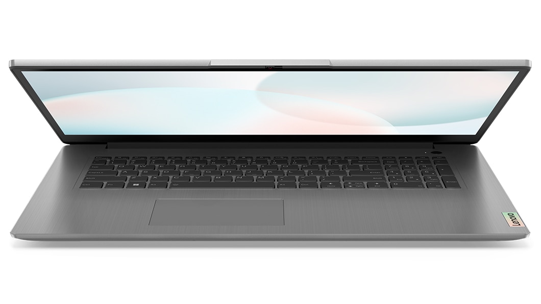 Front view of Lenovo IdeaPad 3 Gen 7 17” AMD open 45 degrees, half-closed in standby mode.