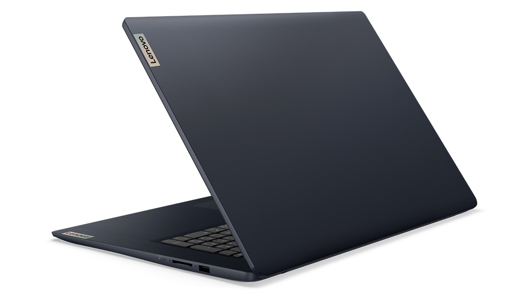 Rear facing view of Lenovo IdeaPad 3 Gen 7 17” AMD open 45 degrees, angled to show left side ports.