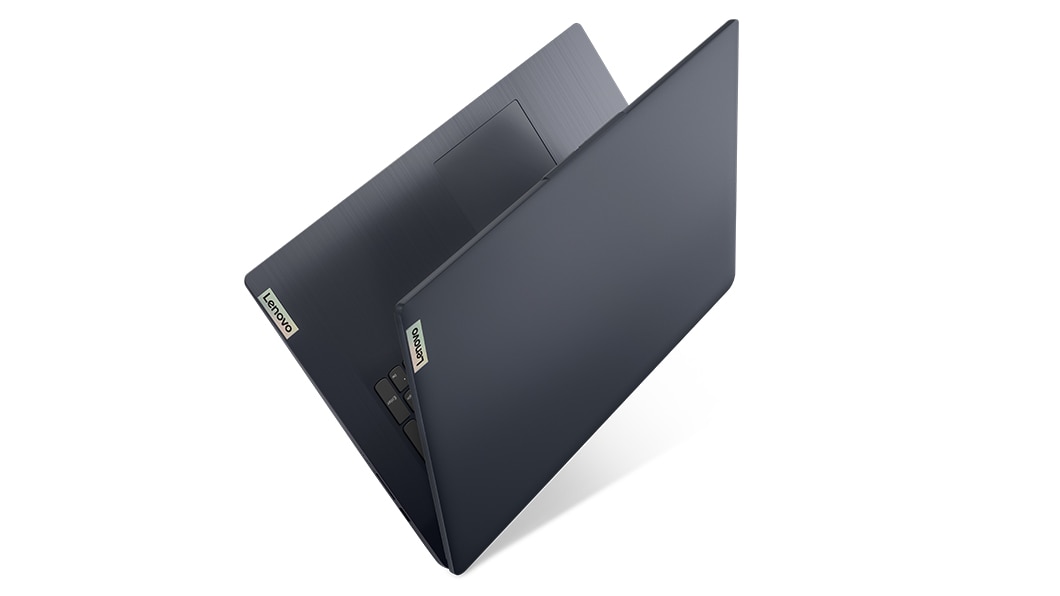 Half-closed back side shot of Lenovo IdeaPad 3 Gen 7 17” AMD open 45 degrees, pointing skyward and angled to the left to showcase thin light design.