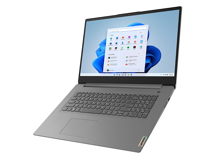 Front view of Lenovo IdeaPad 3 Gen 7 17” AMD open 135 degrees, angled to the left and tilting forward off its base showing keyboard and display screen.