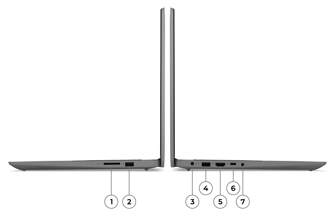 Den bærbare IdeaPad 3i Gen 7 i Arctic Grey med porter sett i profil fra venstre og høyre side