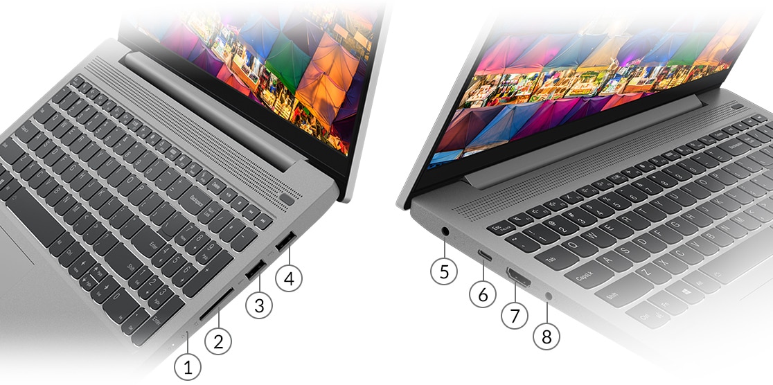 Вид боковых панелей ноутбука Lenovo IdeaPad 5 (15, AMD) с указанием портов и разъемов