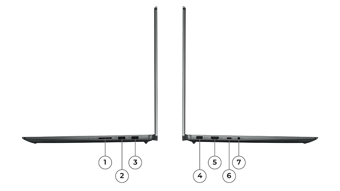Ноутбук IdeaPad 5 Pro (16, 7th Gen, AMD) со встроенной видеокартой AMD, вид слева и справа с указанием портов и разъемов. Ноутбук IdeaPad 5 Pro (16, 7th Gen, AMD) с дискретной видеокартой NVIDIA®, вид слева и справа с указанием портов и разъемов.
